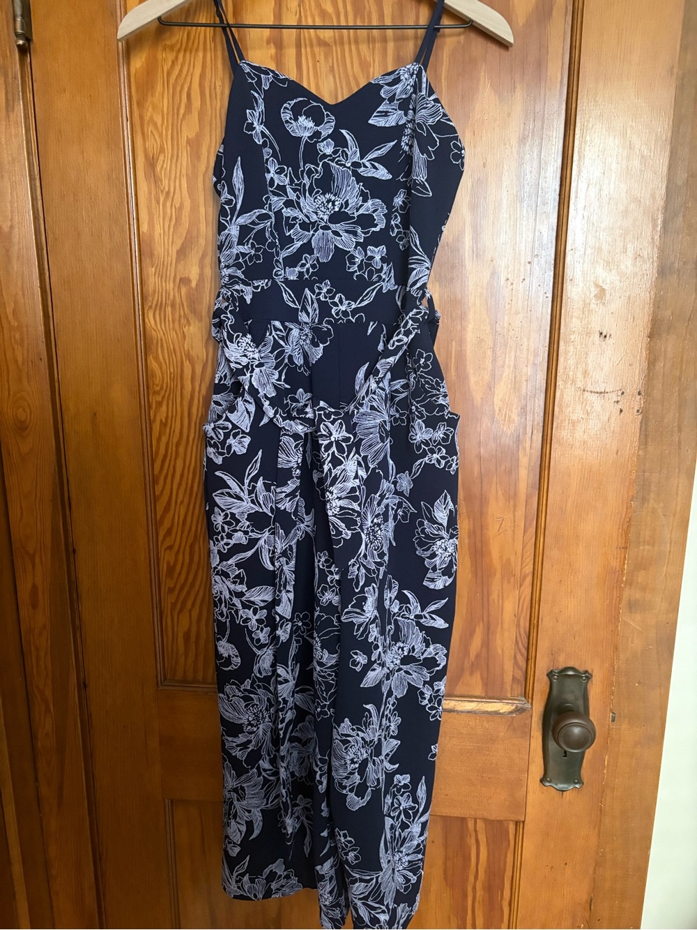 Emerald Sundae Navy and White Floral Spaghetti-Strap Jumpsuit